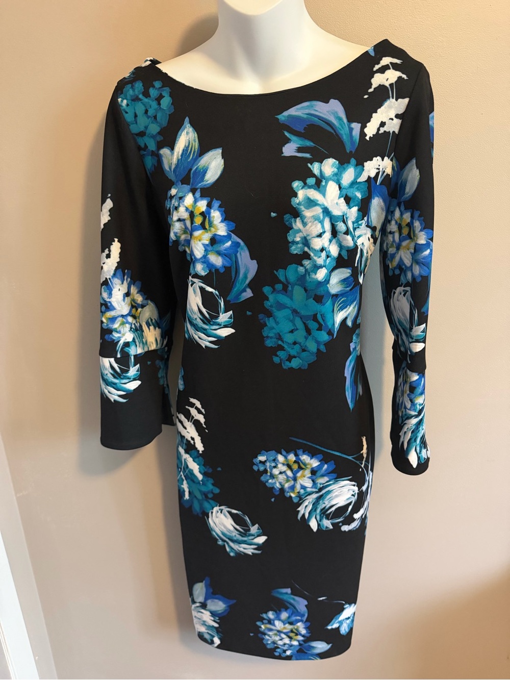 Calvin Klein Blue Floral Bell Sleeve Sheath Midi Dress 12